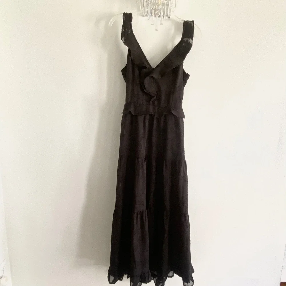 Heartloom Black Burnout Floral Ruffle Midi Dress Smocked Back Cutout Size M